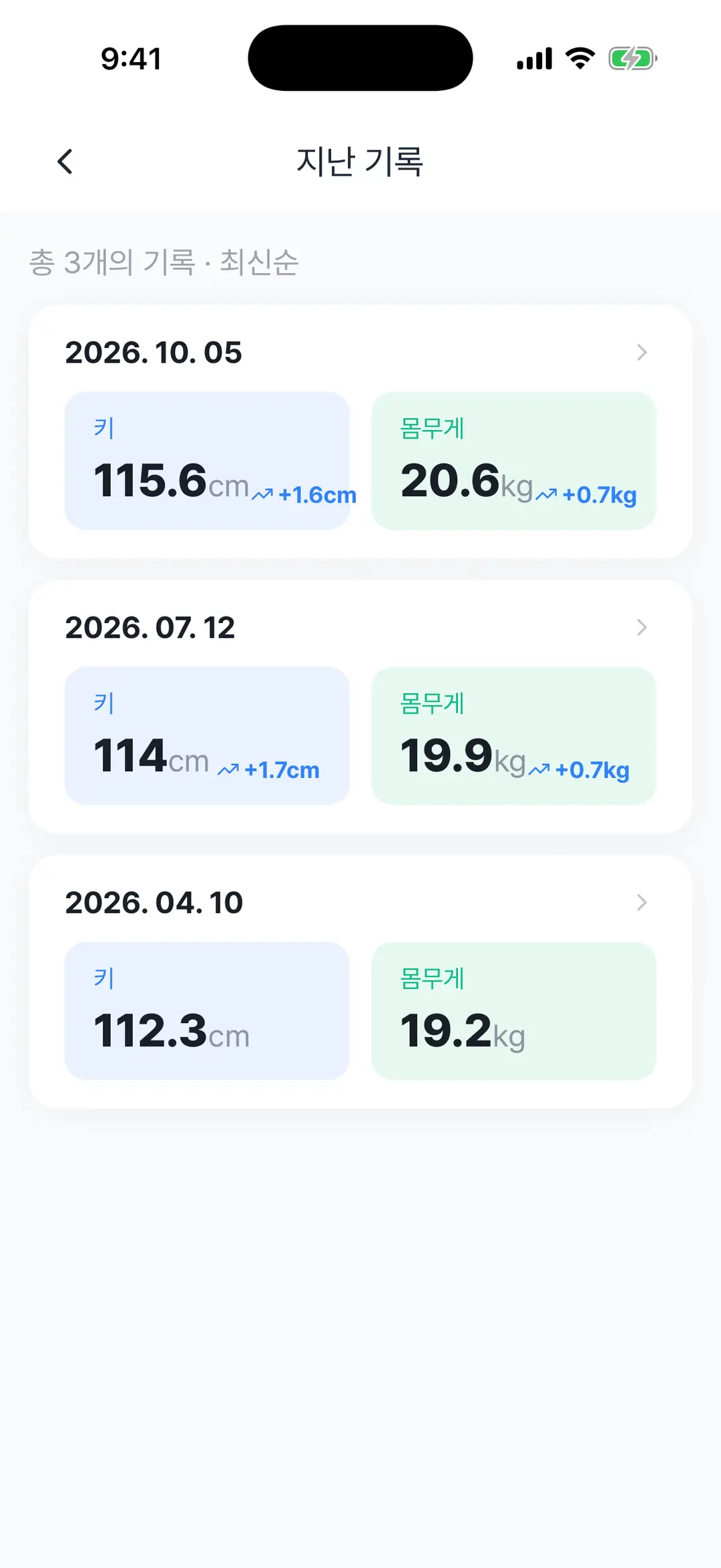 지난 기록 — 날짜별 키·몸무게 카드와 이전 기록 대비 변화량